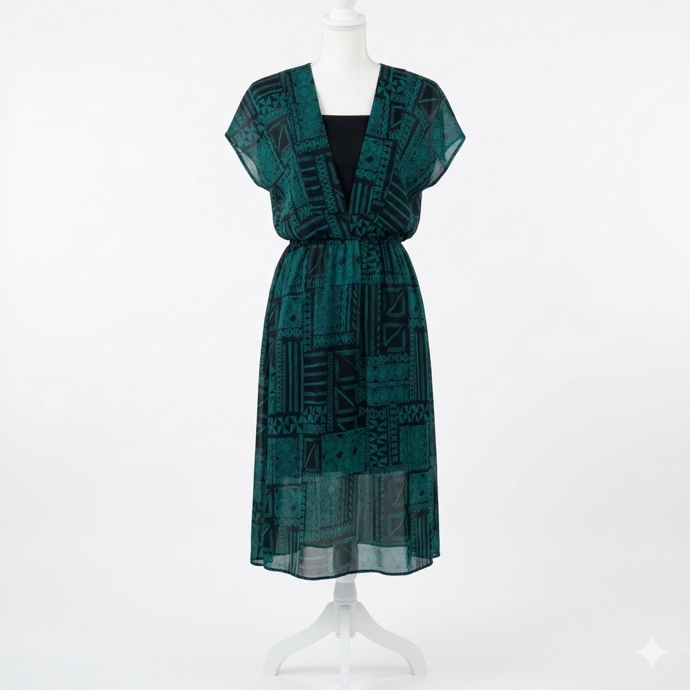 VTG 80s Pellini by Von Bramlett Geometric Print Midi Dress Teal Black Sz 13/14‎